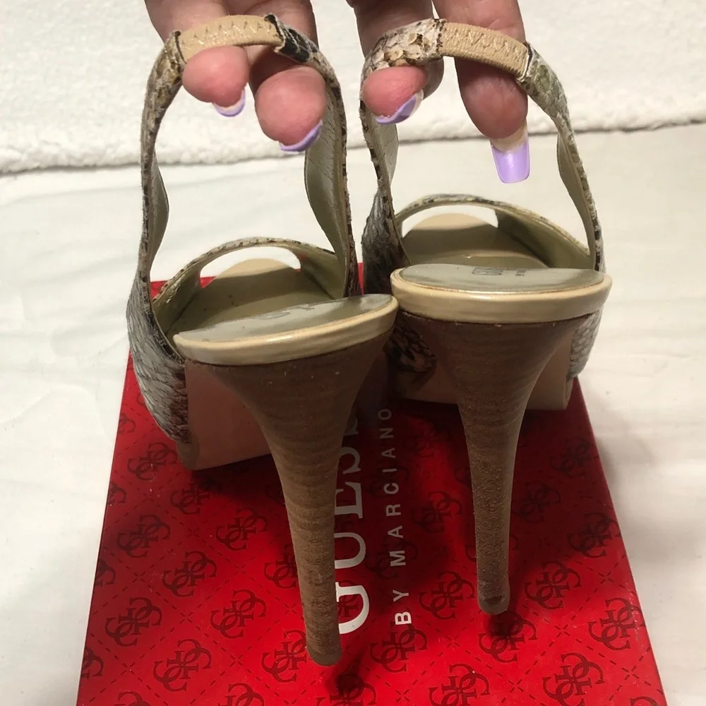 Guess by Marciano Snake-Print Peep Toe Slingback Heels in Cream, Black and Brown